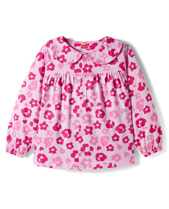 Babyhug Cotton Knit Full Sleeves Co-ords Night Suit With Floral Print - Pink