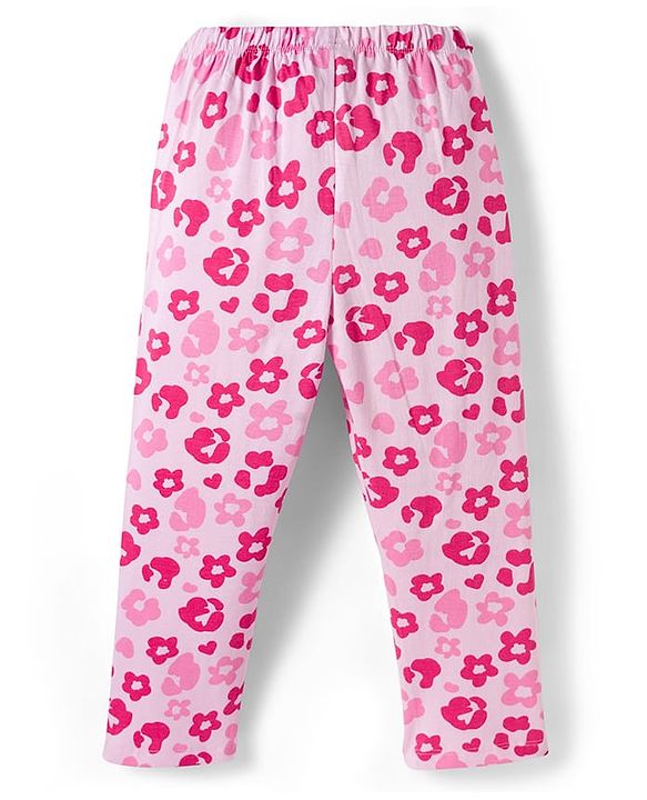 Babyhug Cotton Knit Full Sleeves Co-ords Night Suit With Floral Print - Pink
