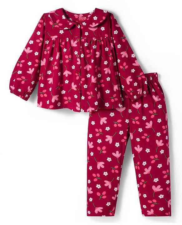 Babyhug Cotton Knit Full Sleeves Co-ords Night Suit With Floral Print - Maroon