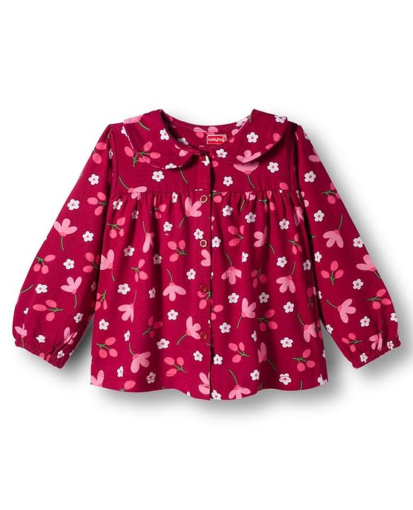 Babyhug Cotton Knit Full Sleeves Co-ords Night Suit With Floral Print - Maroon