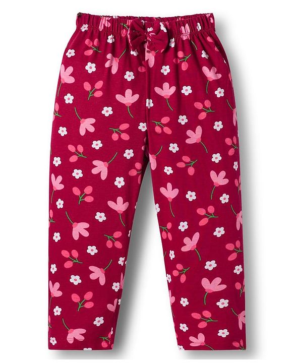 Babyhug Cotton Knit Full Sleeves Co-ords Night Suit With Floral Print - Maroon