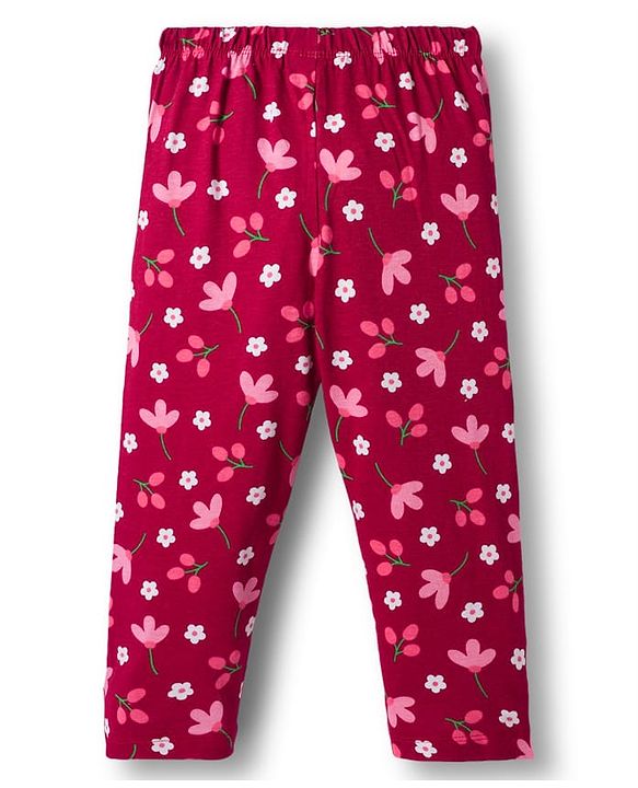 Babyhug Cotton Knit Full Sleeves Co-ords Night Suit With Floral Print - Maroon
