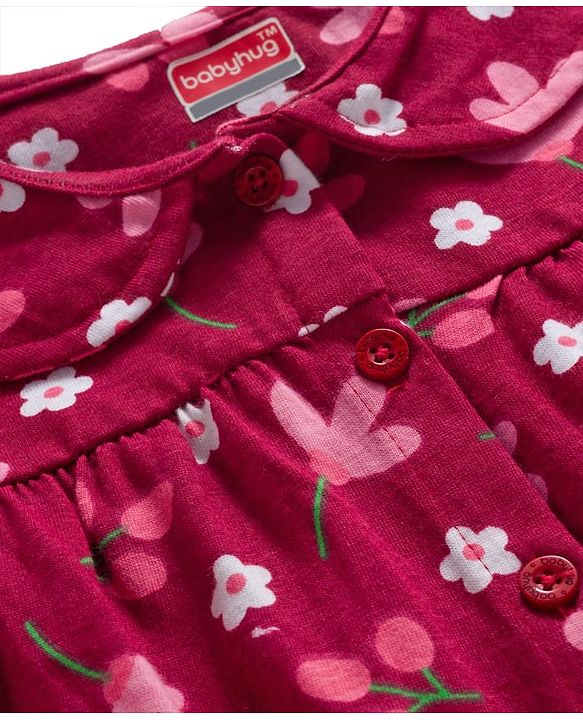 Babyhug Cotton Knit Full Sleeves Co-ords Night Suit With Floral Print - Maroon