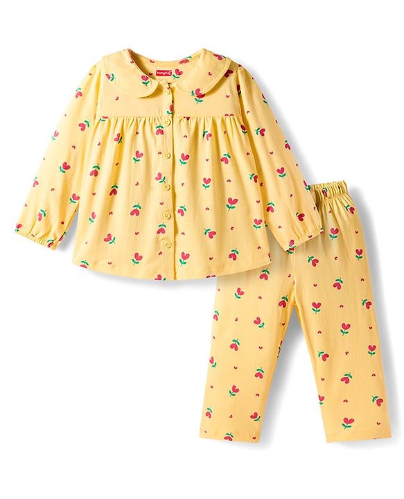 Babyhug Cotton Knit Full Sleeves Co-Ord Night Suit with Floral  Print - Yellow