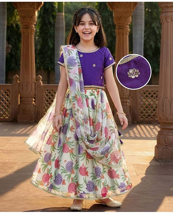 Pine Kids Woven Half Sleeves Tropical Theme Printed Choli Lehenga Set with Dupatta & Lace Detailing - Purple