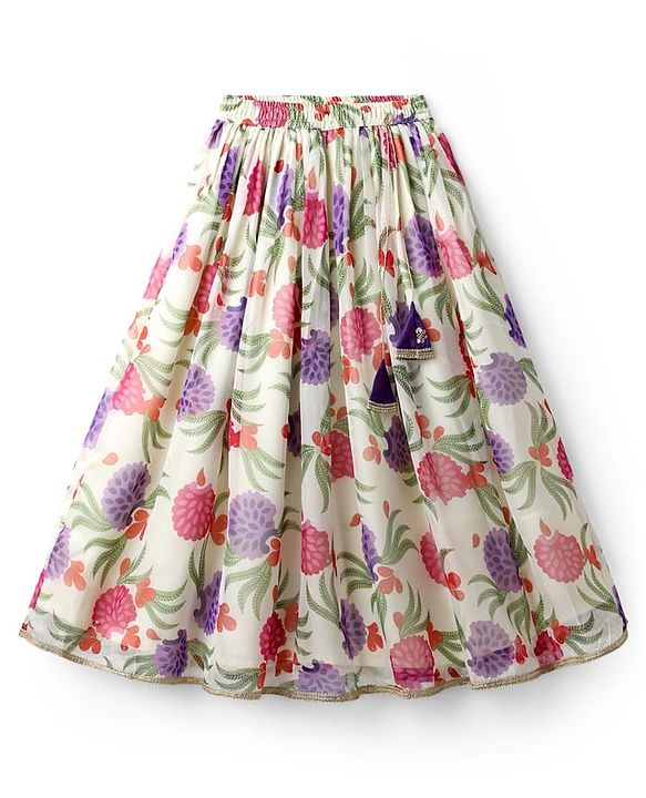 Pine Kids Woven Half Sleeves Tropical Theme Printed Choli Lehenga Set with Dupatta & Lace Detailing - Purple