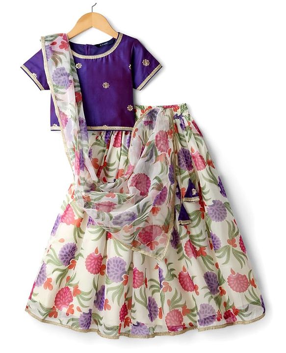 Pine Kids Woven Half Sleeves Tropical Theme Printed Choli Lehenga Set with Dupatta & Lace Detailing - Purple