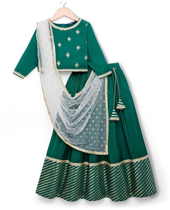 Pine Kids Woven Three Fourth Sleeves Choli Lehenga & Dupatta Set with Floral Print - Mint Green