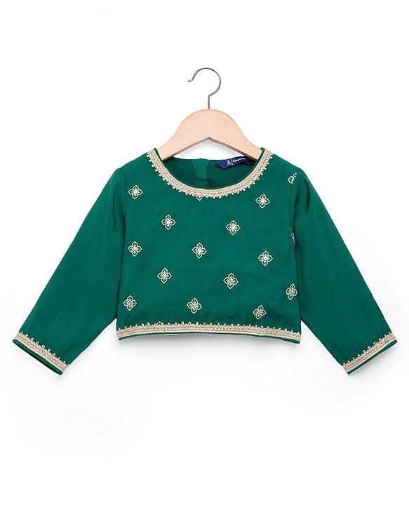 Pine Kids Woven Three Fourth Sleeves Choli Lehenga & Dupatta Set with Floral Print - Mint Green