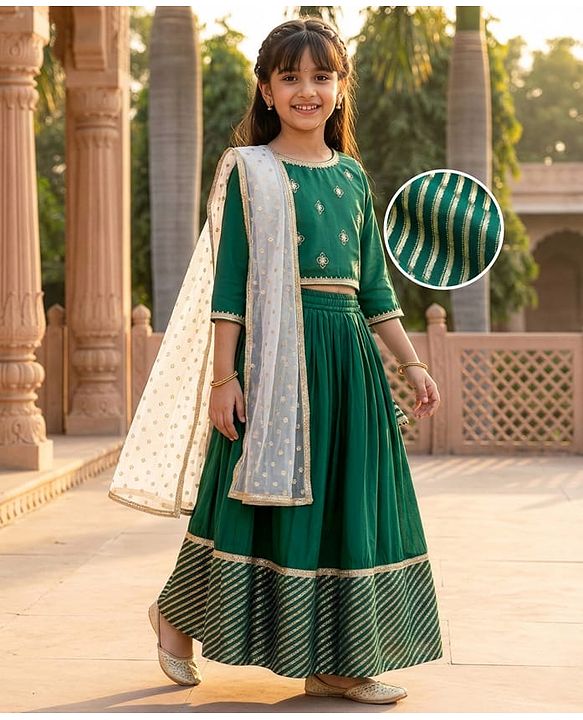 Pine Kids Woven Three Fourth Sleeves Choli Lehenga & Dupatta Set with Floral Print - Mint Green