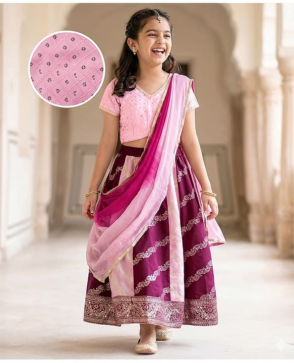Pine Kids Woven Half Sleeves Choli Lehenga Set with Dupatta & Foil Print - Pink