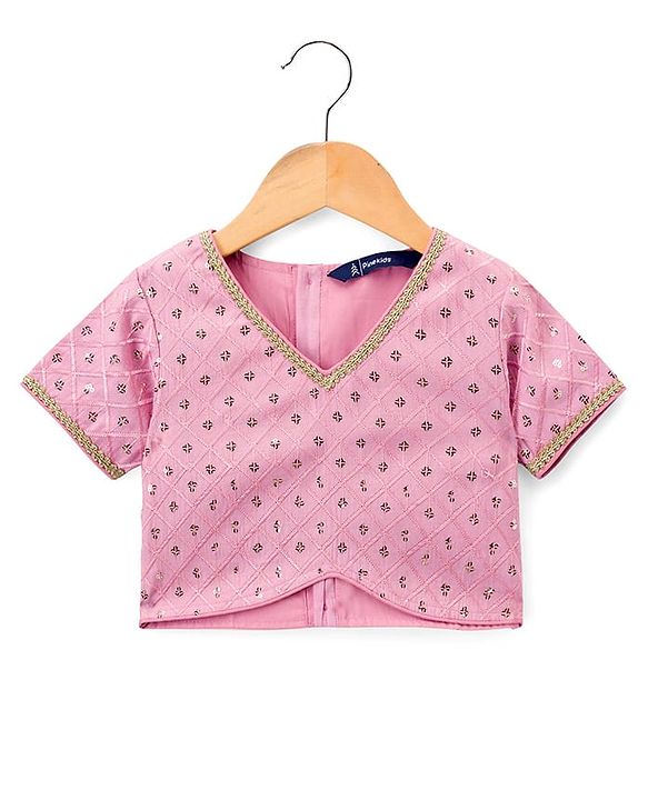 Pine Kids Woven Half Sleeves Choli Lehenga Set with Dupatta & Foil Print - Pink