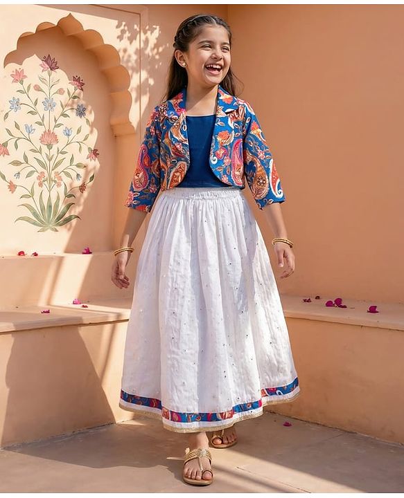 Pine Kids Woven Choli Lehenga Set with Full Sleeves Jacket & Floral Print - White & Blue