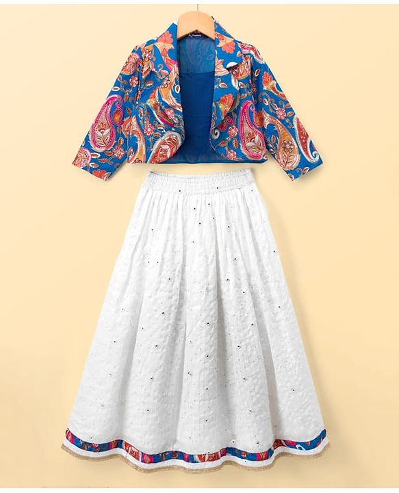 Pine Kids Woven Choli Lehenga Set with Full Sleeves Jacket & Floral Print - White & Blue
