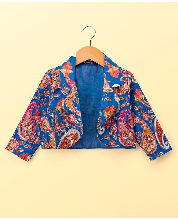 Pine Kids Woven Choli Lehenga Set with Full Sleeves Jacket & Floral Print - White & Blue