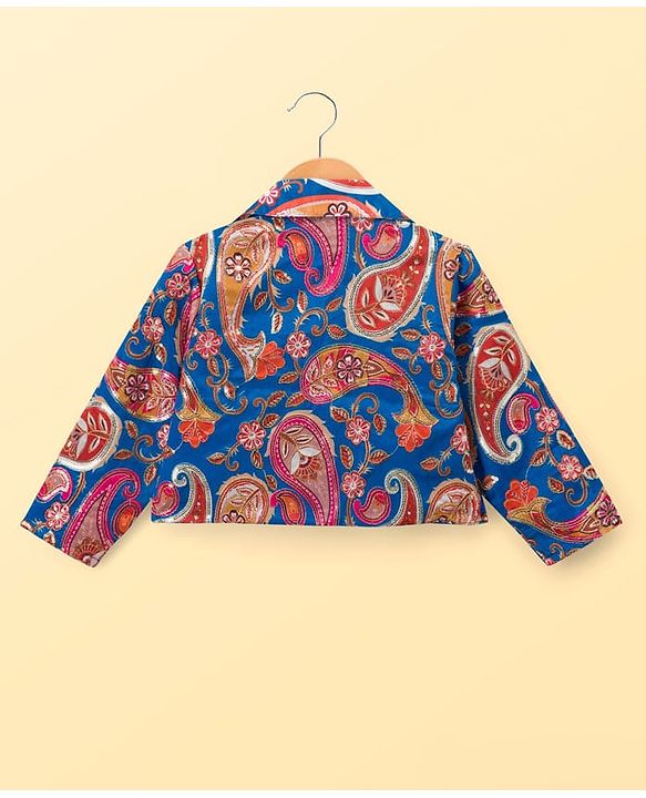 Pine Kids Woven Choli Lehenga Set with Full Sleeves Jacket & Floral Print - White & Blue