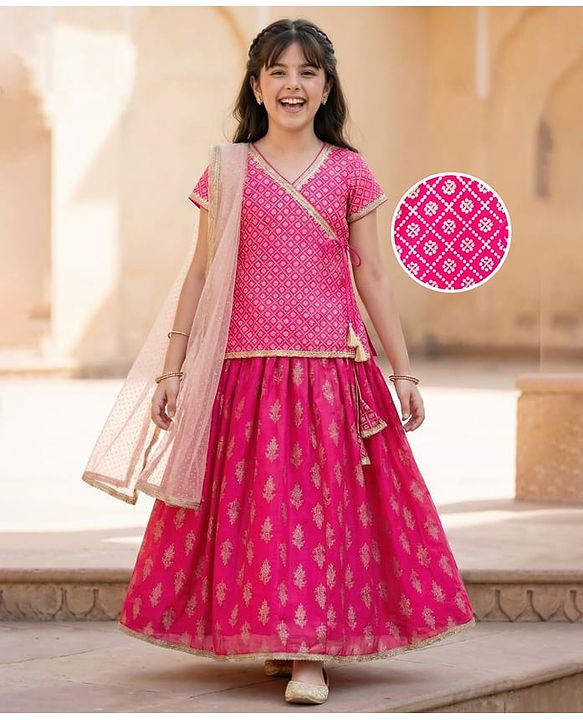 Pine Kids Cotton Woven Choli Lehenga & Dupatta Set With Floral Foil Print - Pink