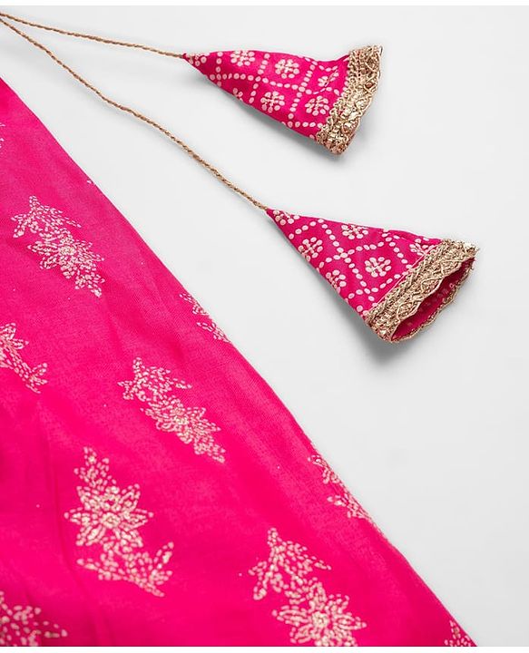 Pine Kids Cotton Woven Choli Lehenga & Dupatta Set With Floral Foil Print - Pink