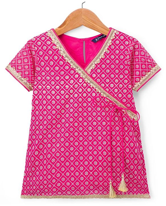 Pine Kids Cotton Woven Choli Lehenga & Dupatta Set With Floral Foil Print - Pink