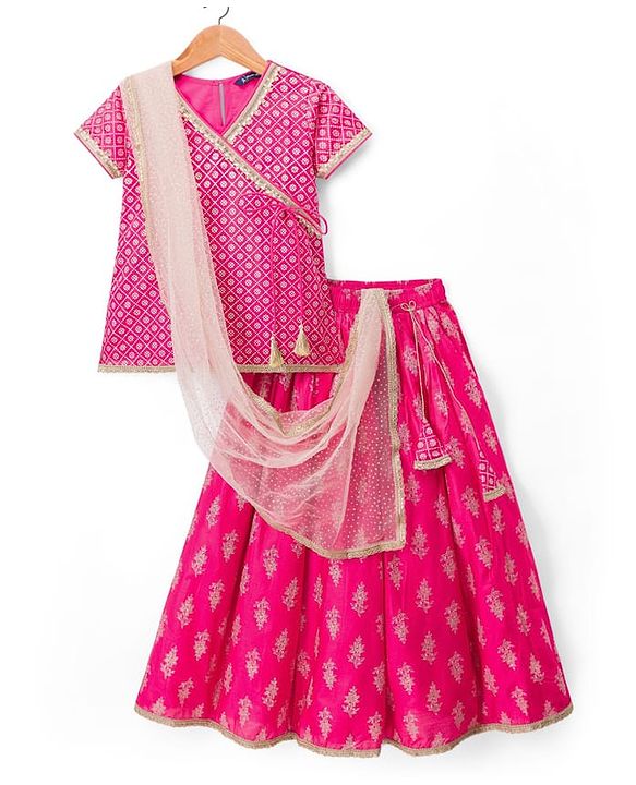 Pine Kids Cotton Woven Choli Lehenga & Dupatta Set With Floral Foil Print - Pink