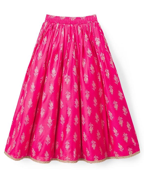 Pine Kids Cotton Woven Choli Lehenga & Dupatta Set With Floral Foil Print - Pink