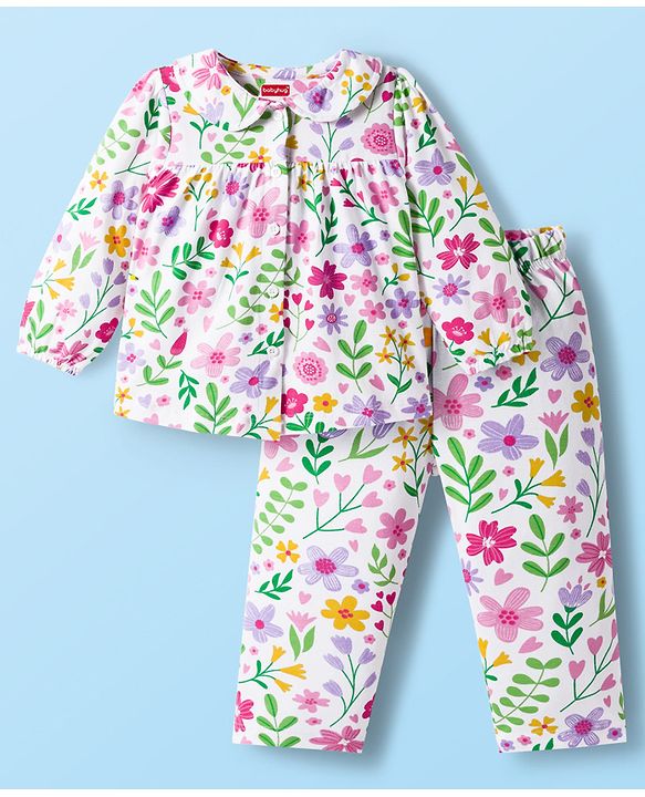 Babyhug Cotton Knit Full Sleeves Co-ords Night suit With Floral Print - White