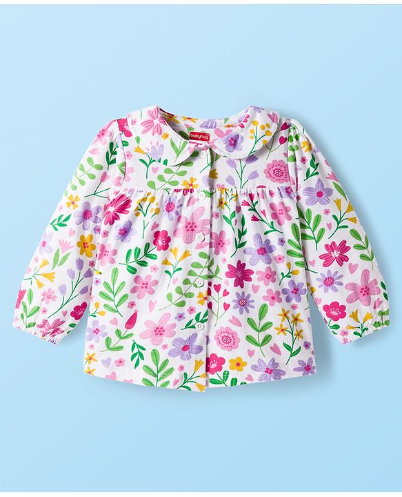 Babyhug Cotton Knit Full Sleeves Co-ords Night suit With Floral Print - White