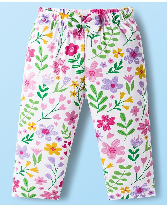 Babyhug Cotton Knit Full Sleeves Co-ords Night suit With Floral Print - White