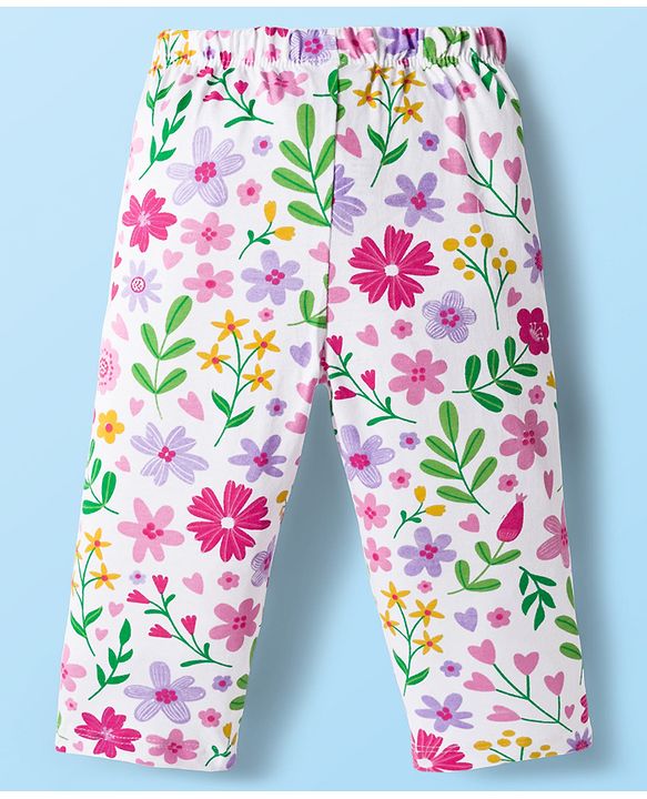 Babyhug Cotton Knit Full Sleeves Co-ords Night suit With Floral Print - White