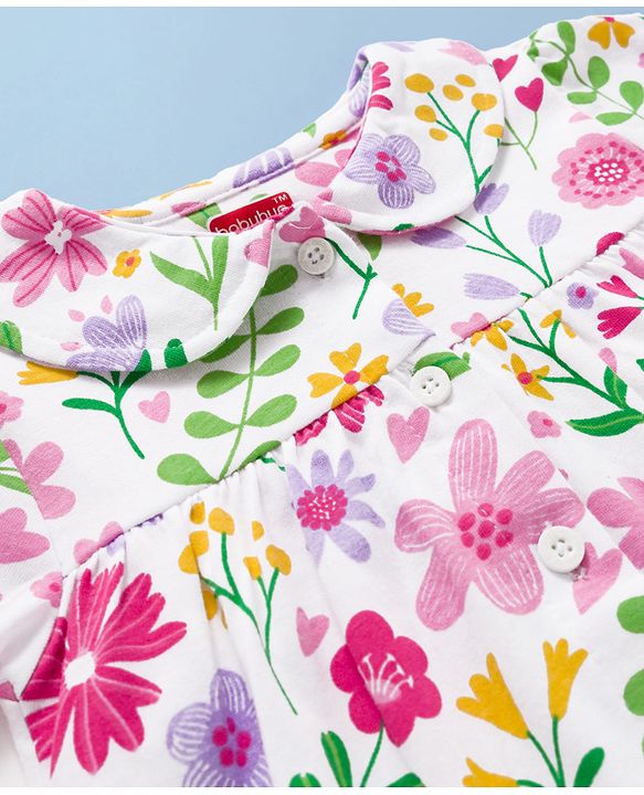 Babyhug Cotton Knit Full Sleeves Co-ords Night suit With Floral Print - White