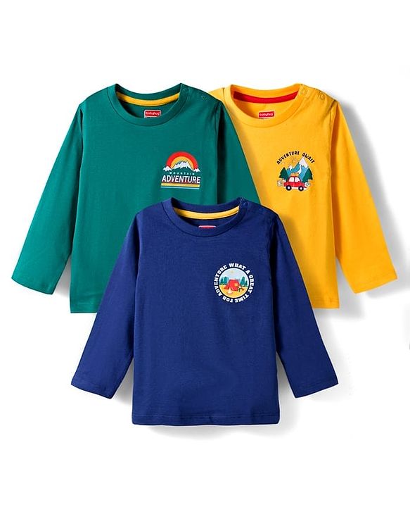 Babyhug 100% Cotton Knit Full Sleeves T-Shirt with Adventure Text Print Pack of 3 - Dark Green & Yellow Blue
