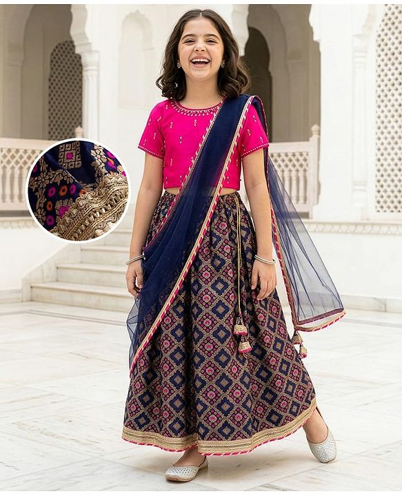Pine Kids Woven Half Sleeves Embroidered Choli with  Floral Printed Lehenga & Dupatta Set - Blue & Pink