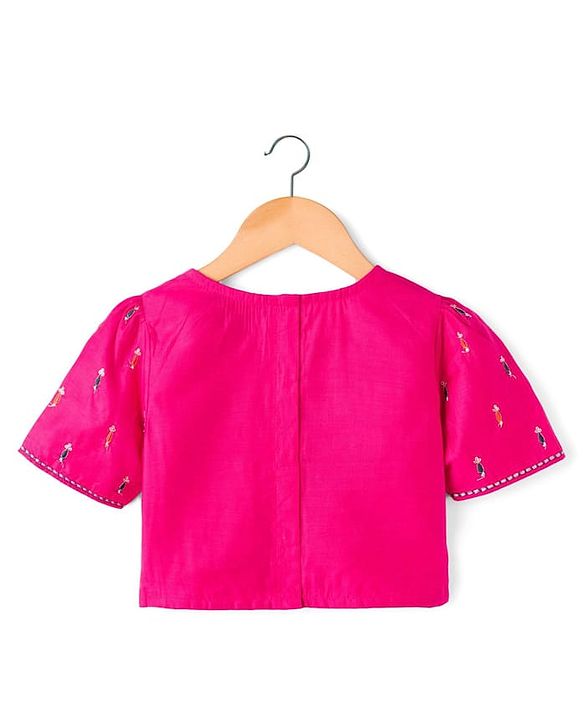 Pine Kids Woven Half Sleeves Embroidered Choli with  Floral Printed Lehenga & Dupatta Set - Blue & Pink