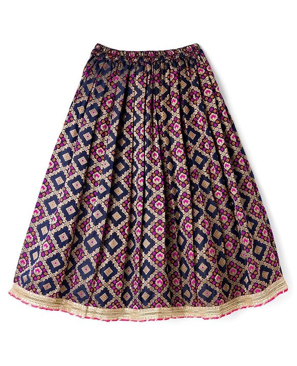 Pine Kids Woven Half Sleeves Embroidered Choli with  Floral Printed Lehenga & Dupatta Set - Blue & Pink