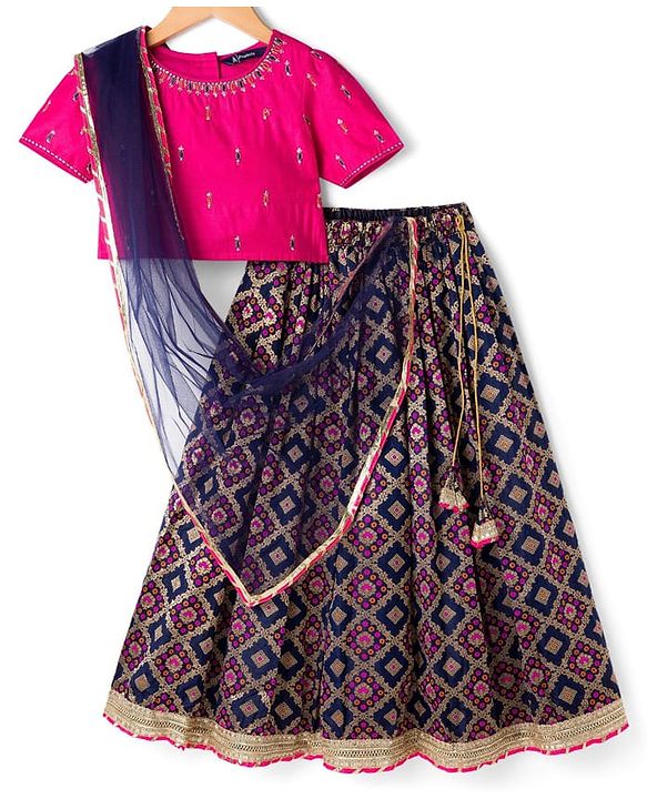 Pine Kids Woven Half Sleeves Embroidered Choli with  Floral Printed Lehenga & Dupatta Set - Blue & Pink