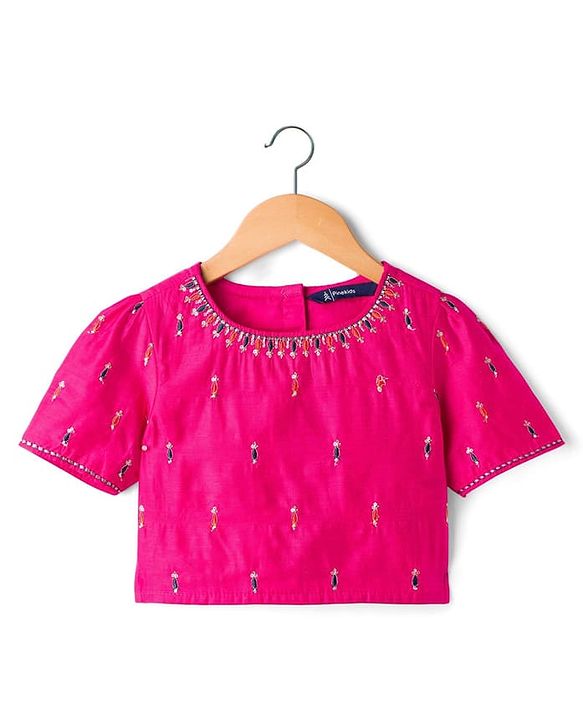 Pine Kids Woven Half Sleeves Embroidered Choli with  Floral Printed Lehenga & Dupatta Set - Blue & Pink