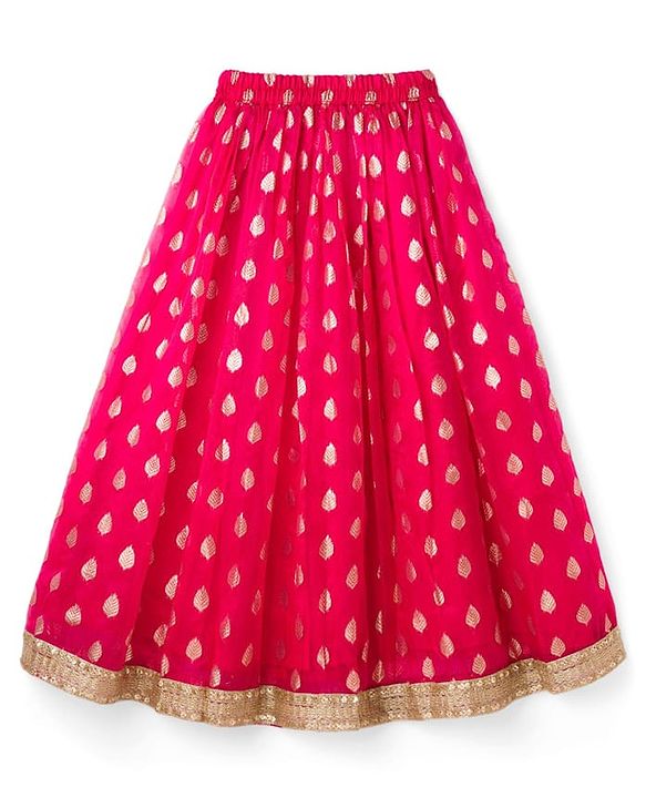 Pine Kids Woven Half Sleeves Floral Embroidered Choli with Foil Printed Lehenga & Dupatta Set - Pink & Limegreen