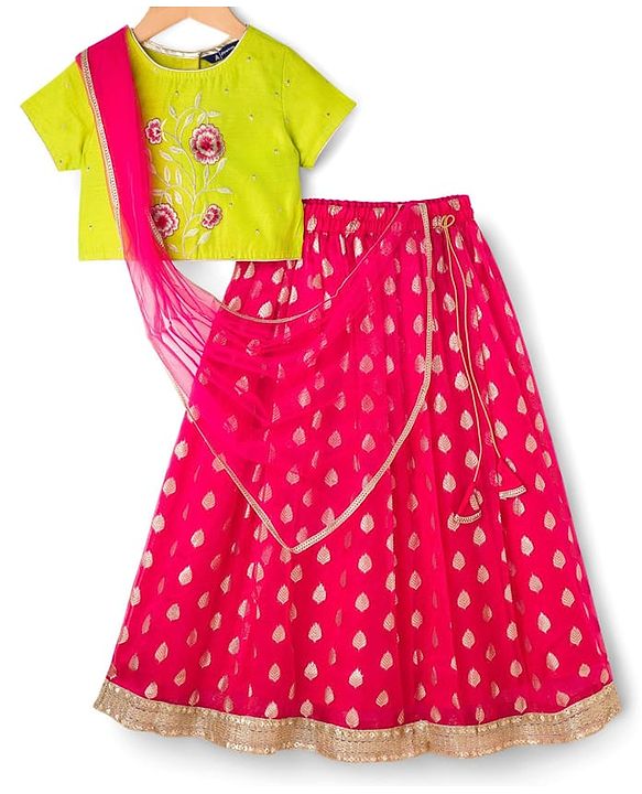 Pine Kids Woven Half Sleeves Floral Embroidered Choli with Foil Printed Lehenga & Dupatta Set - Pink & Limegreen