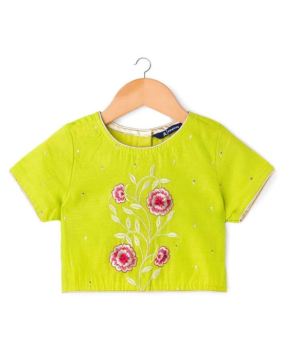 Pine Kids Woven Half Sleeves Floral Embroidered Choli with Foil Printed Lehenga & Dupatta Set - Pink & Limegreen