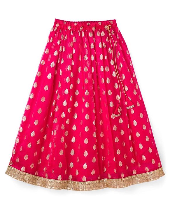 Pine Kids Woven Half Sleeves Floral Embroidered Choli with Foil Printed Lehenga & Dupatta Set - Pink & Limegreen