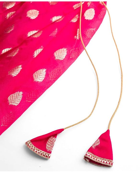 Pine Kids Woven Half Sleeves Floral Embroidered Choli with Foil Printed Lehenga & Dupatta Set - Pink & Limegreen