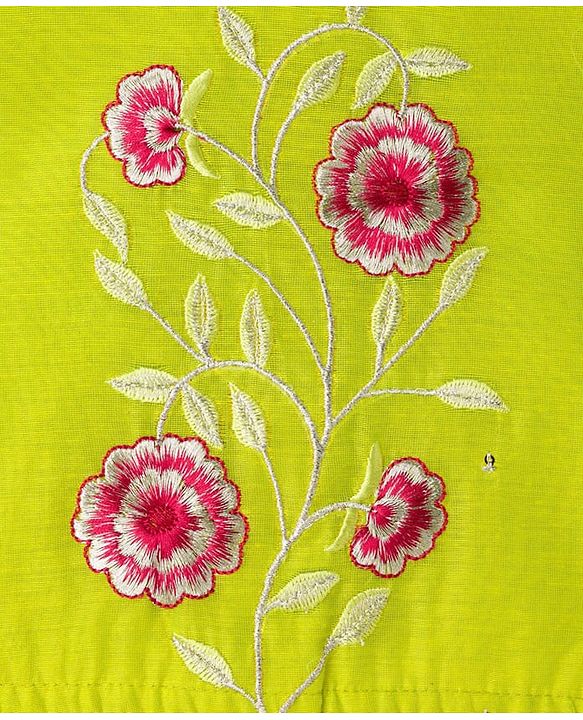 Pine Kids Woven Half Sleeves Floral Embroidered Choli with Foil Printed Lehenga & Dupatta Set - Pink & Limegreen