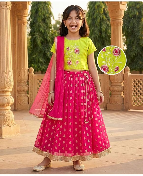 Pine Kids Woven Half Sleeves Floral Embroidered Choli with Foil Printed Lehenga & Dupatta Set - Pink & Limegreen