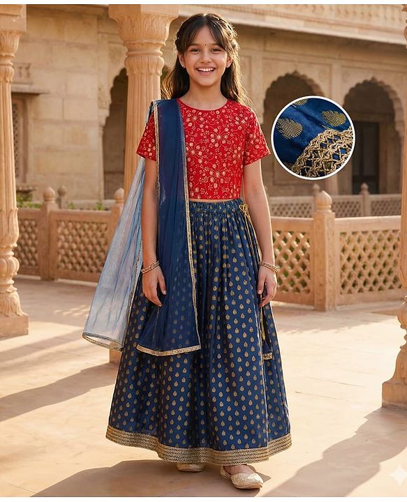 Pine Kids Woven Half Sleeves Lehenga Choli & Dupatta Set with Sequin Detailing - Red & Blue