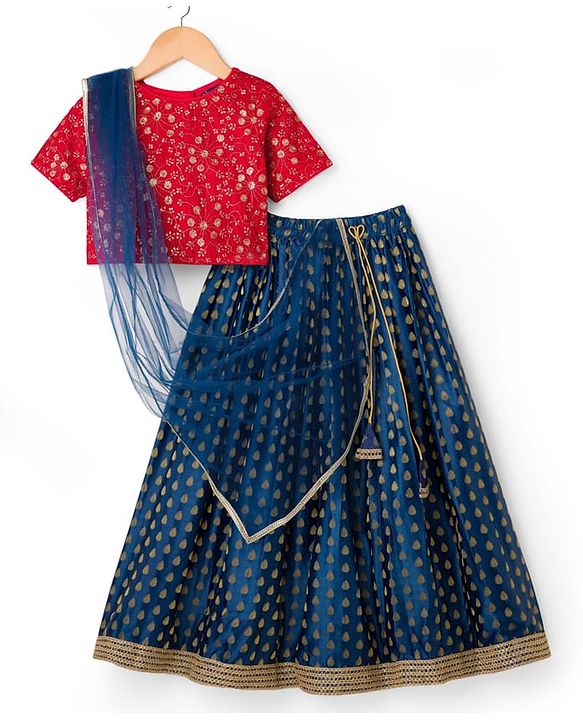 Pine Kids Woven Half Sleeves Lehenga Choli & Dupatta Set with Sequin Detailing - Red & Blue