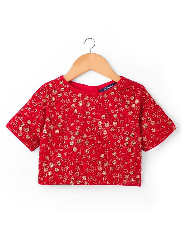 Pine Kids Woven Half Sleeves Lehenga Choli & Dupatta Set with Sequin Detailing - Red & Blue