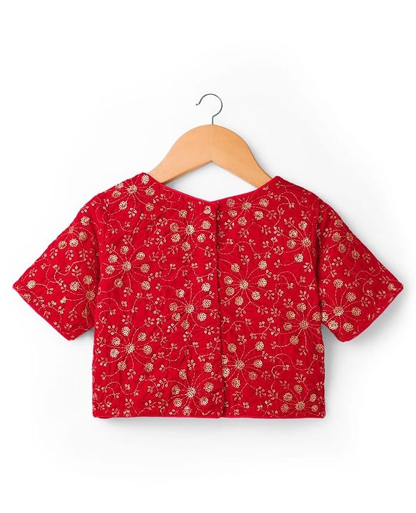 Pine Kids Woven Half Sleeves Lehenga Choli & Dupatta Set with Sequin Detailing - Red & Blue