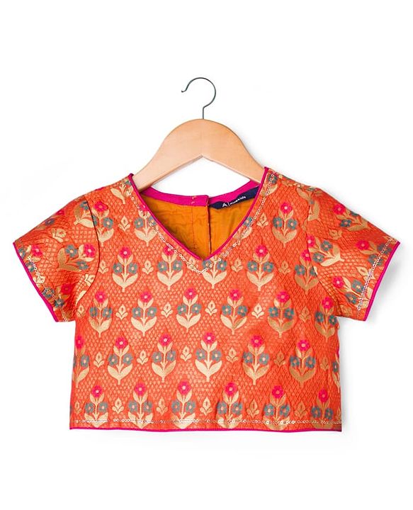 Pine Kids Woven Half Sleeves Lehenga Choli & Dupatta Set with Floral Print - Orange & Light Green