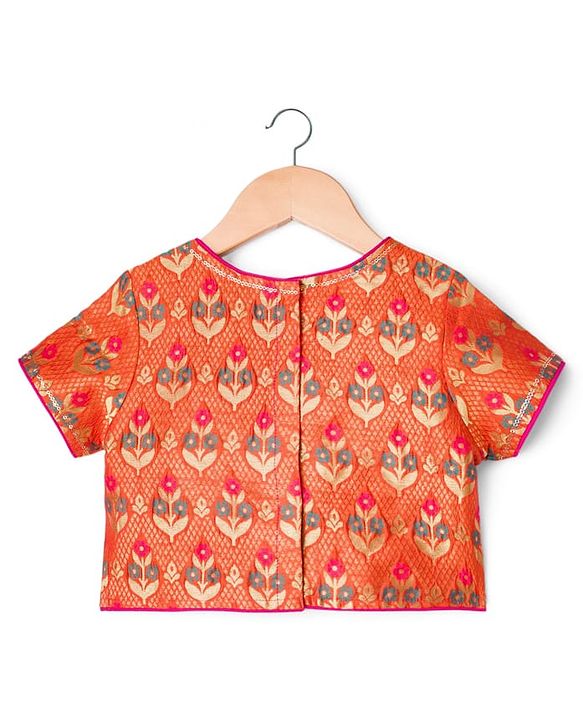 Pine Kids Woven Half Sleeves Lehenga Choli & Dupatta Set with Floral Print - Orange & Light Green