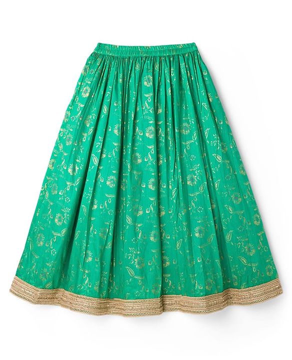 Pine Kids Woven Half Sleeves Lehenga Choli & Dupatta Set with Floral Print - Orange & Light Green